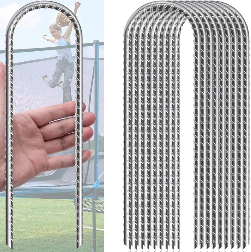 Trampoline Stake, U Shape Ground Stakes, Galvanized Rebar Stakes 12 inch, (10 Pack) Trampoline Ground Stake, Ideal for Securing Trampolines in Windy Conditions.